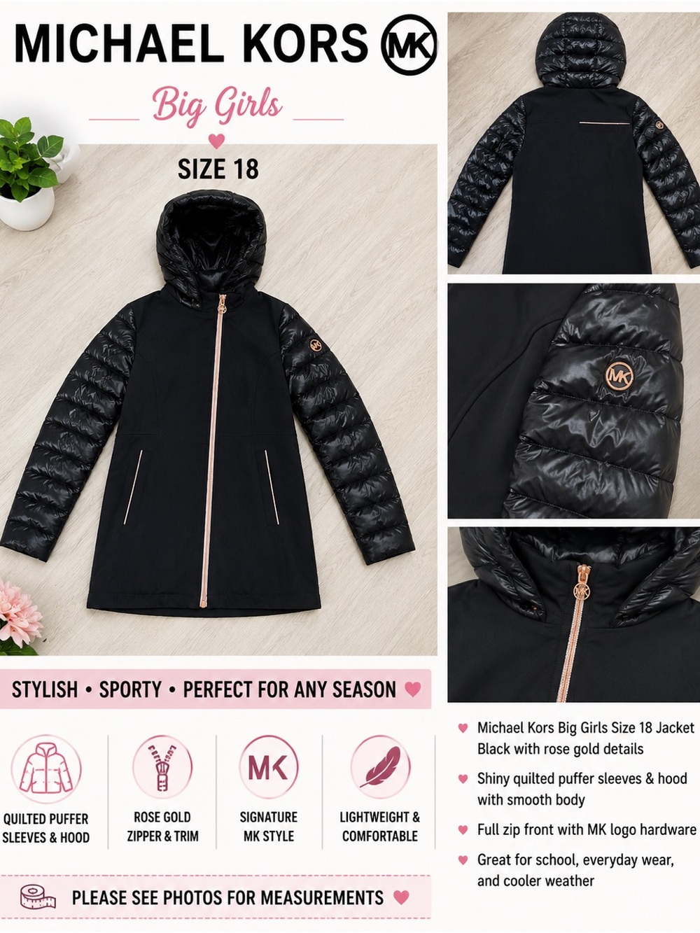 Michael Kors Black Hooded Puffer Coat with Rose Gold Trim kids 18 or women’s md